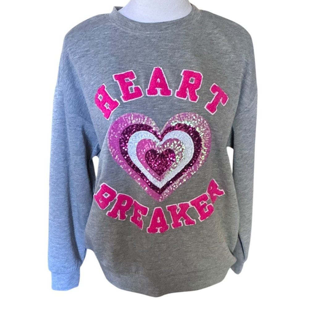 JESS LEA Heart Breaker Sequin Crewneck Sweatshirt Gray Pink Womens Medium